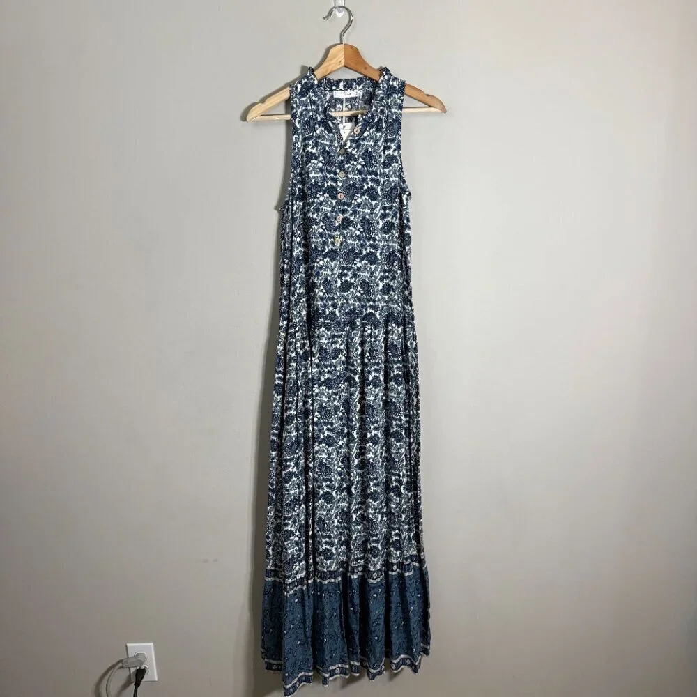 Mango Floral Paisley Print Button Up Tiered Maxi Dress Women's 2 Blue White NWT